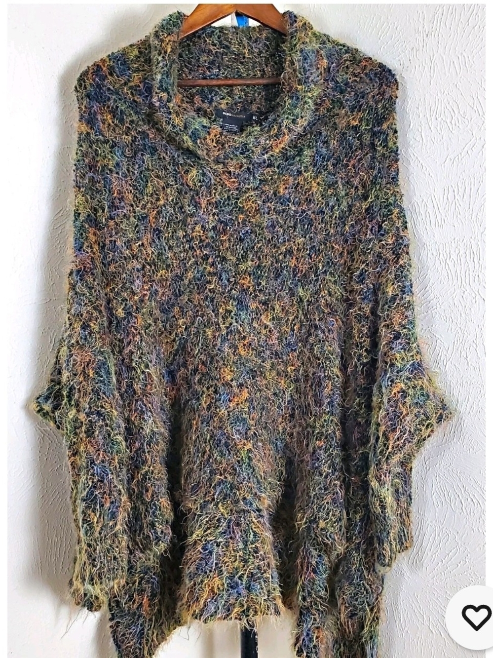BCBGMaxAzria Multicolor Fuzzy Knit Poncho - Green, Blue, Brown, Gold Accents
